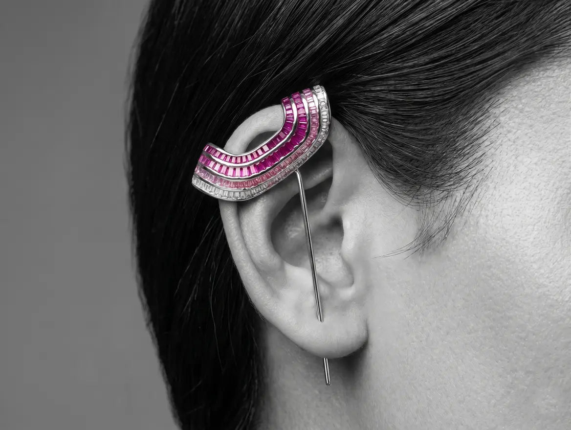 Ombre ruby stones stepped design detail in silver earcuff