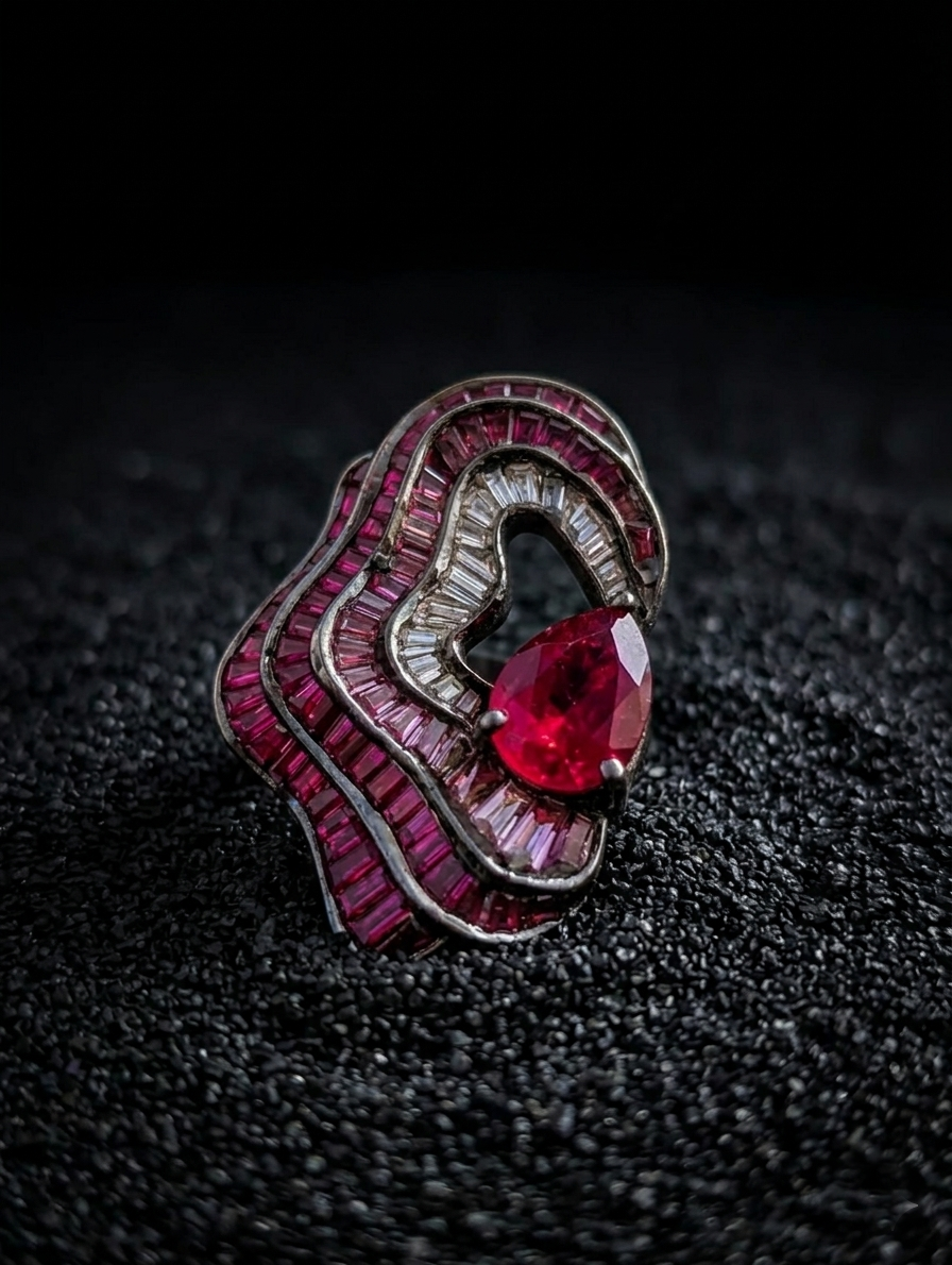 Central ruby stone detail in sculptural silver jewellery