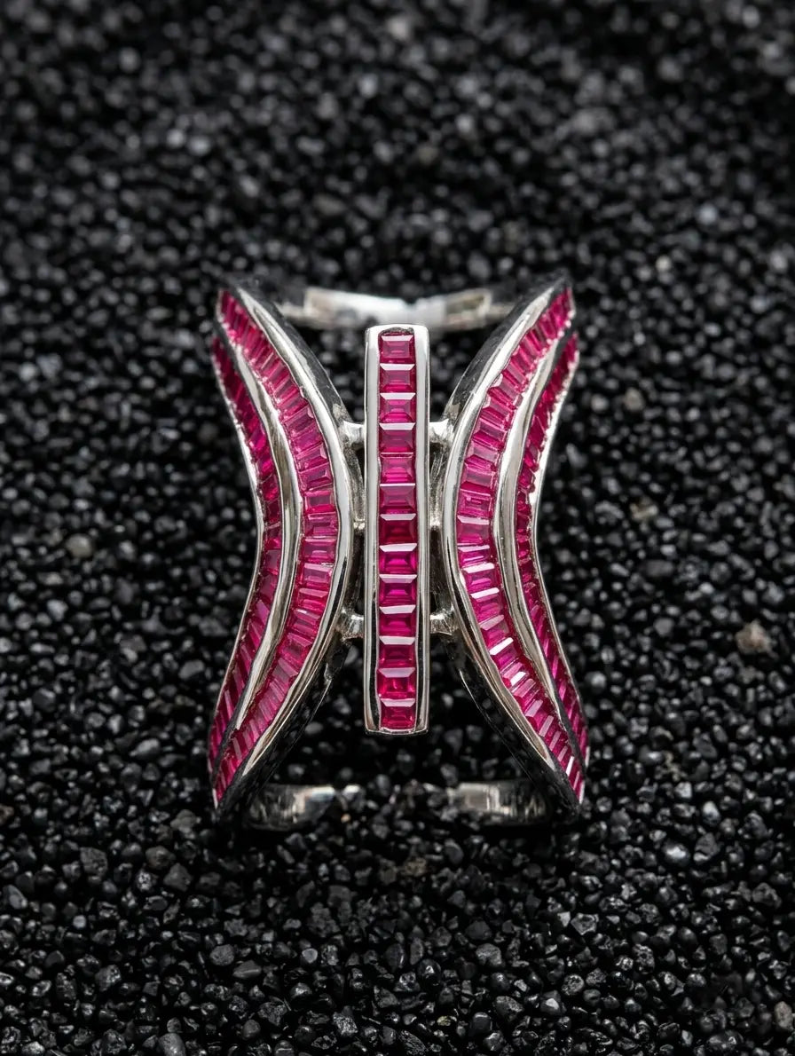 Ruby detail in sculptural silver ring geometric wave design