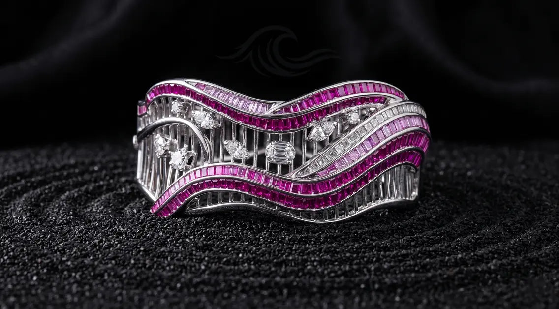 Ombre red composite stone detail in silver cuff bracelet
