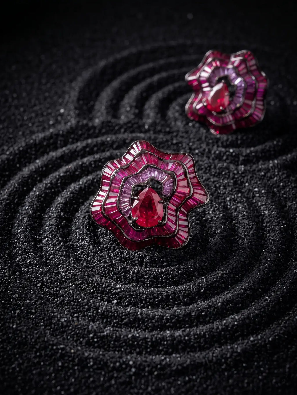 Pear ruby stone with ombre detail in silver jewellery