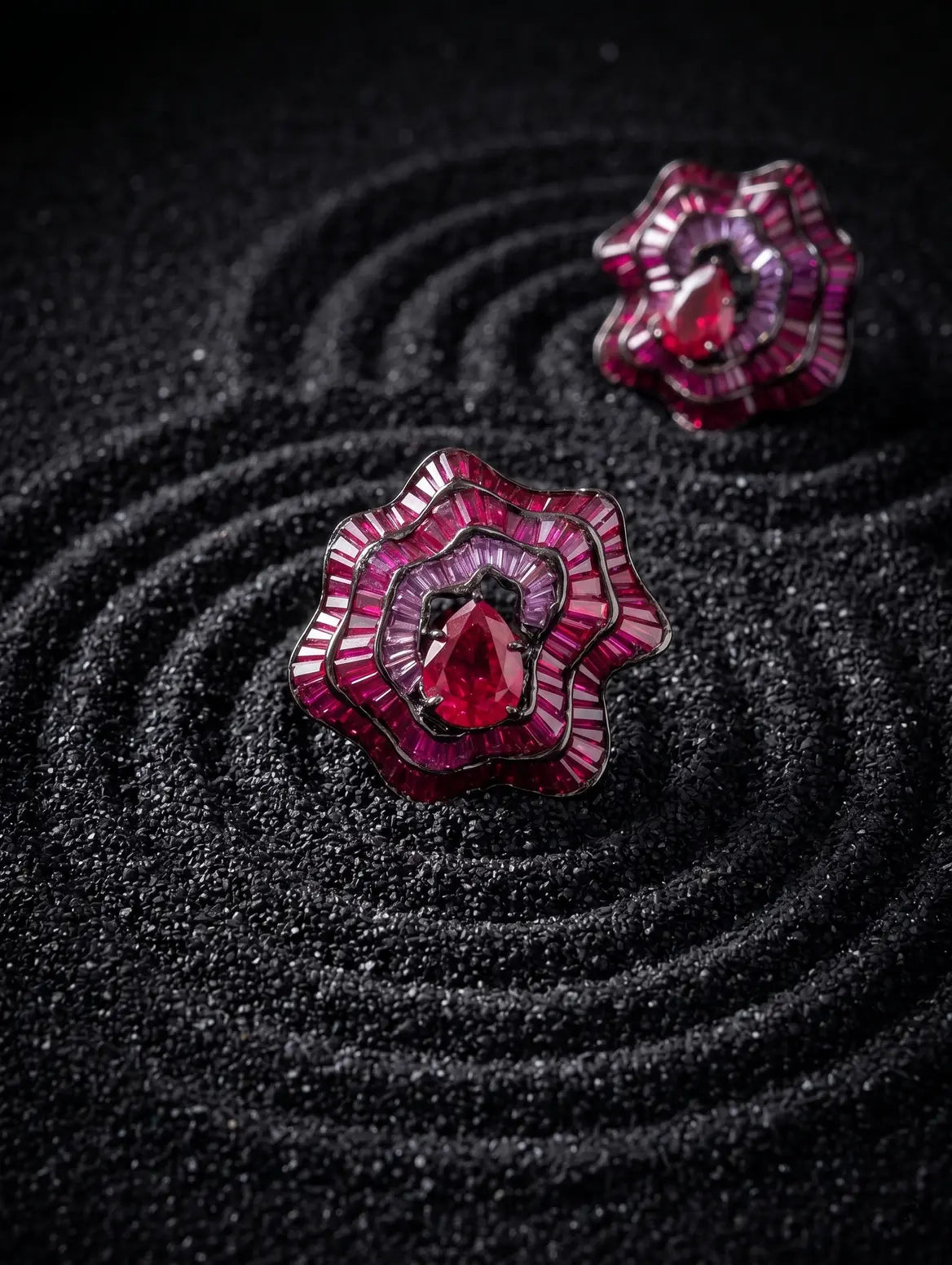 Pear ruby stone with ombre detail in silver jewellery