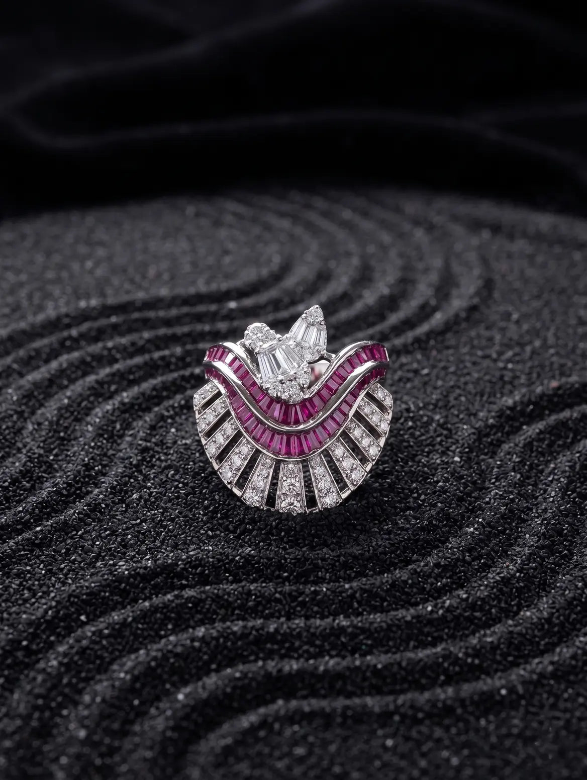 925 sterling silver ruby baguette and diamond statement jewellery design