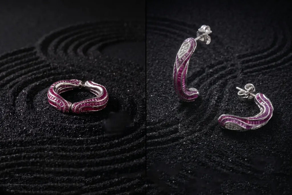Convertible jewellery ring transforming into earrings silver ombre design