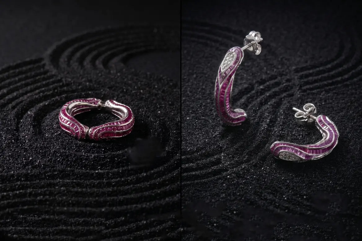 Convertible jewellery ring transforming into earrings silver ombre design
