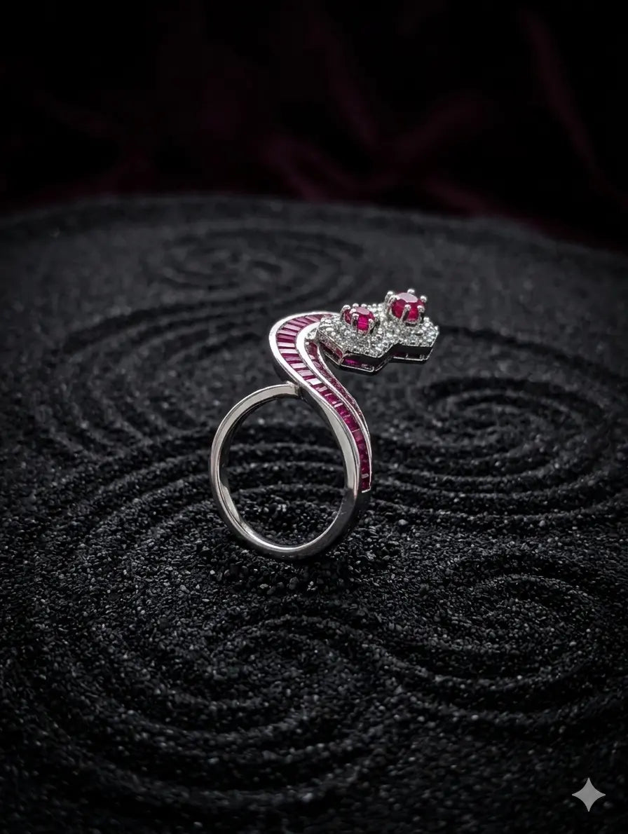 925 sterling silver statement ring with ruby center sculptural design