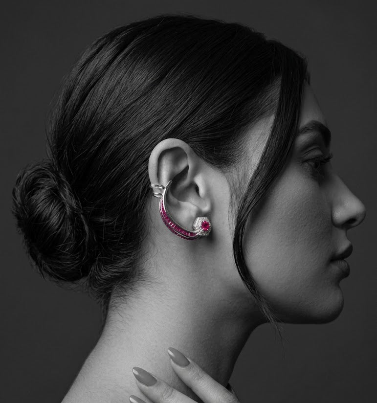 Modern 925 silver ear cuff styled on model bold minimalist design