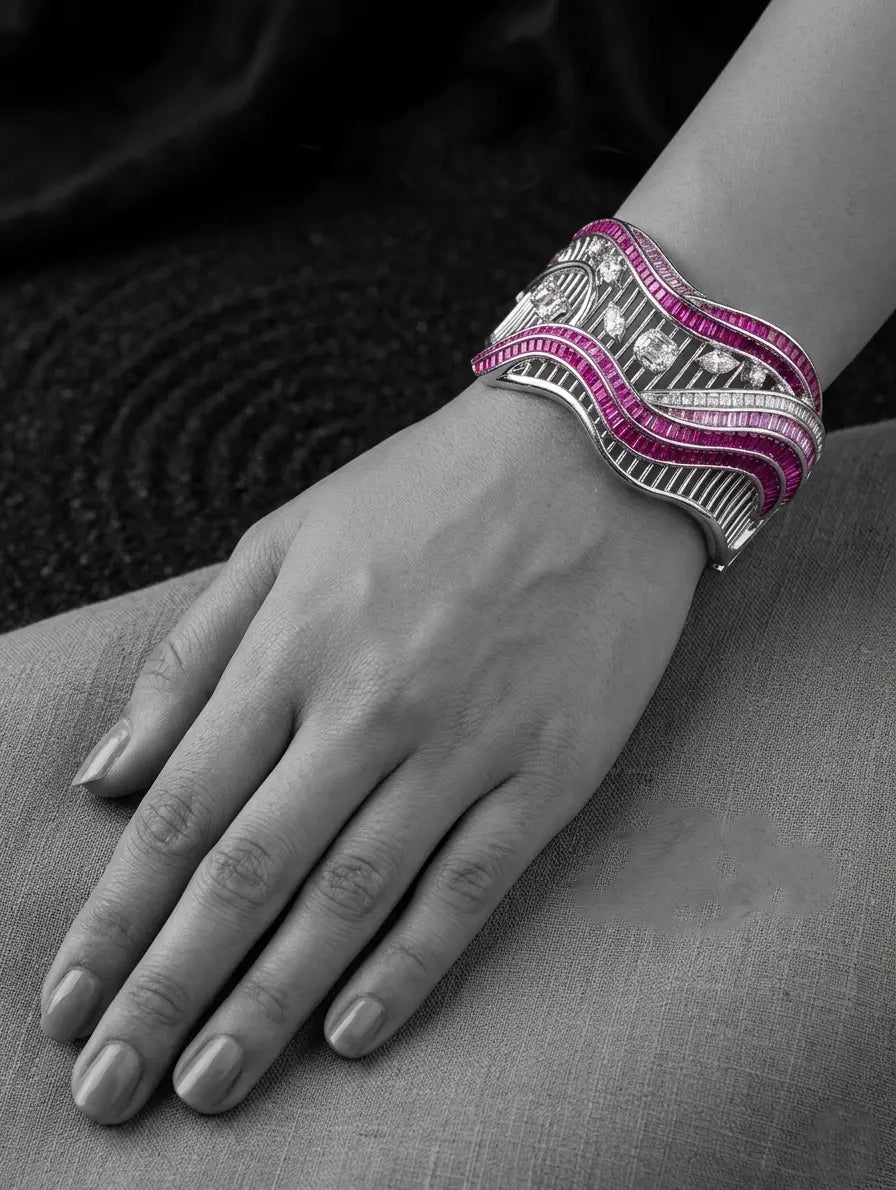 Modern 925 silver statement cuff bracelet worn on wrist bold design