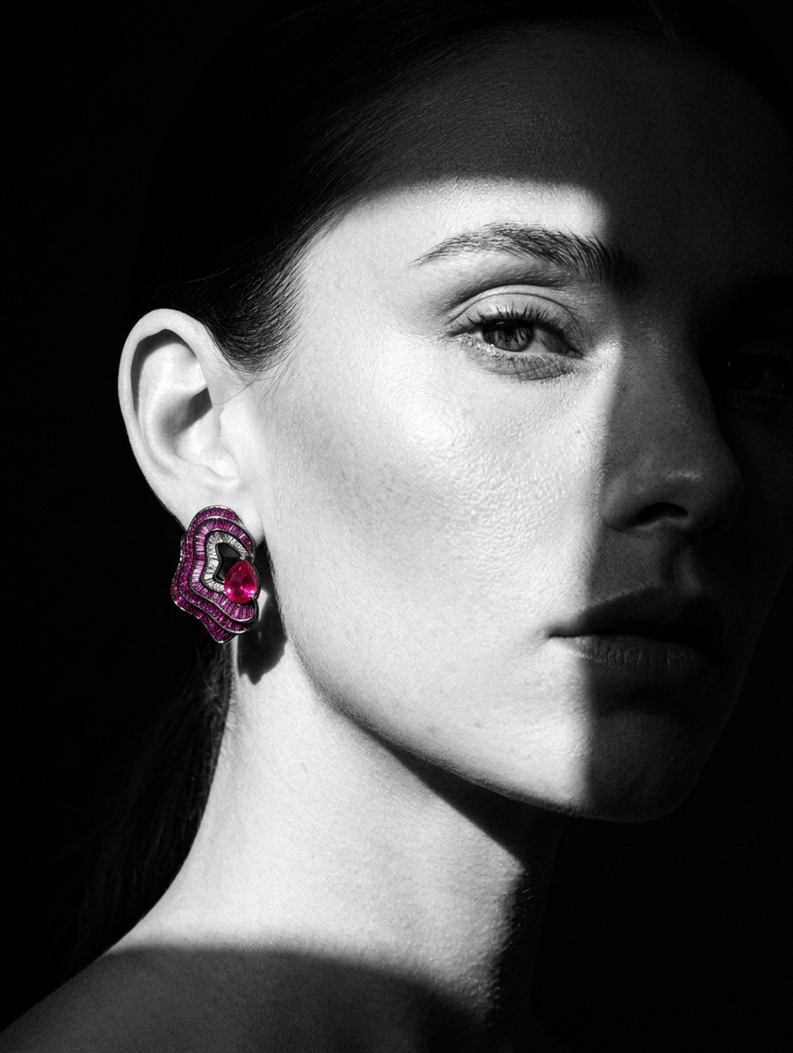 Modern 925 silver ruby statement jewellery worn by model