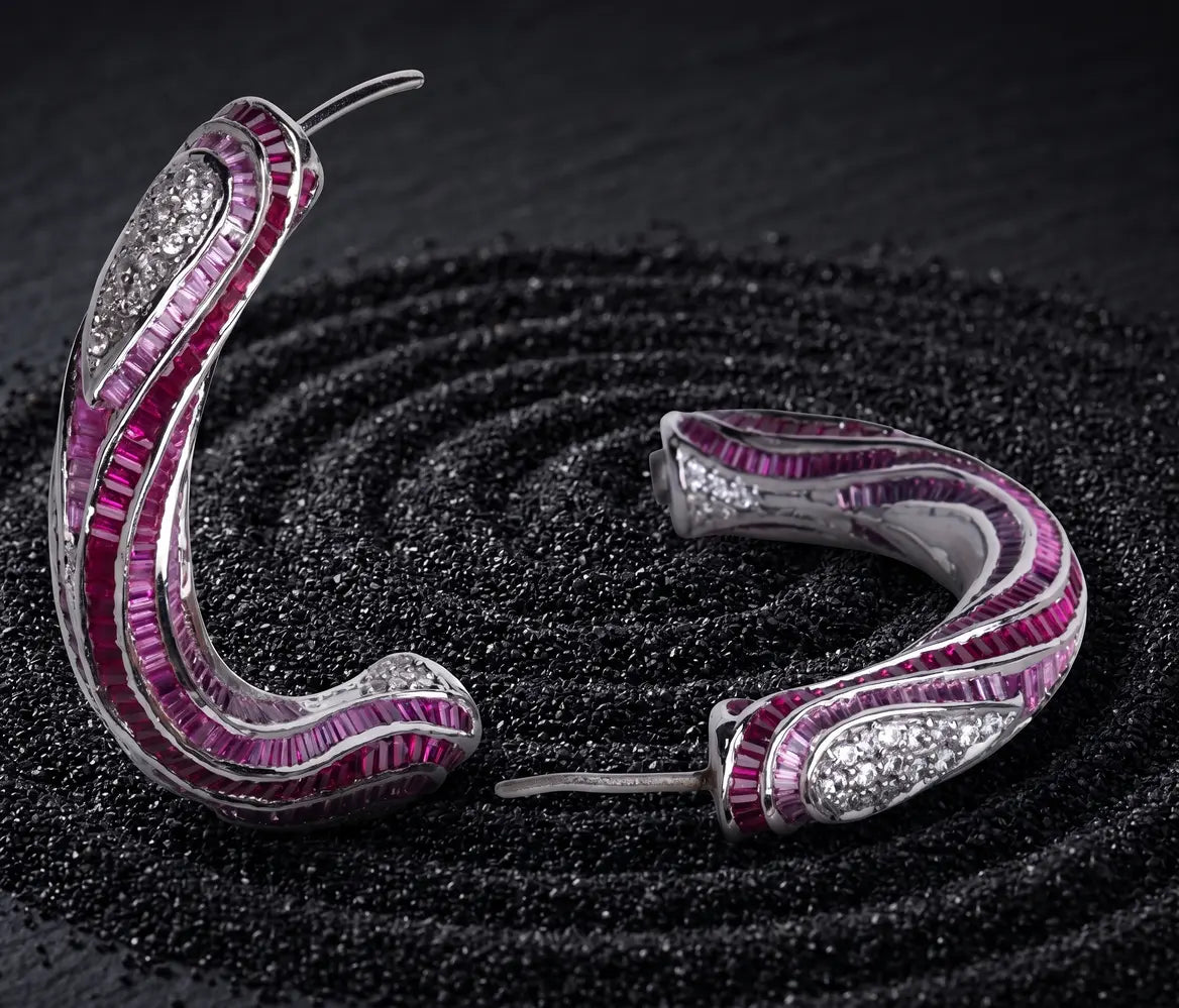 Ruby ombre baguette stones detail in silver pendant earrings set