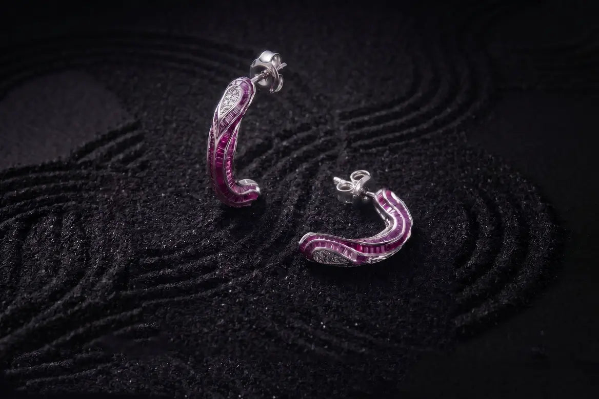Red ombre stone detail in silver convertible ring earrings set