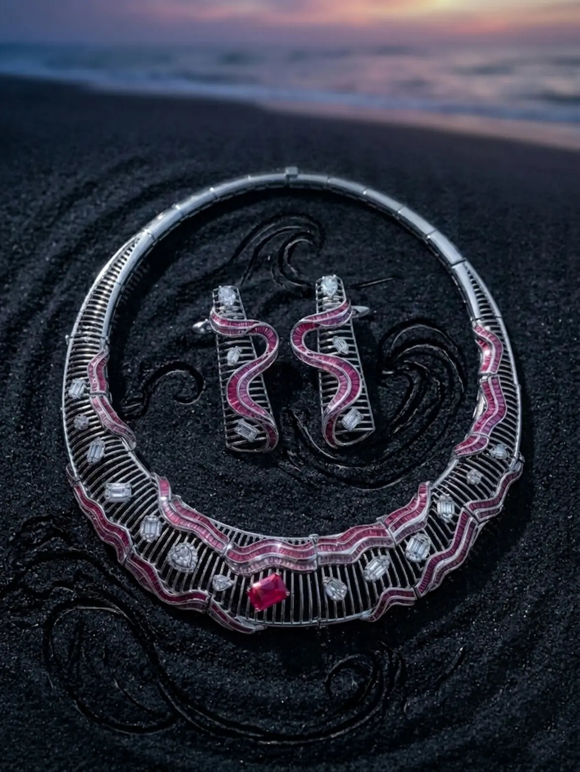 925 sterling silver sculptural statement necklace double wave design with stones