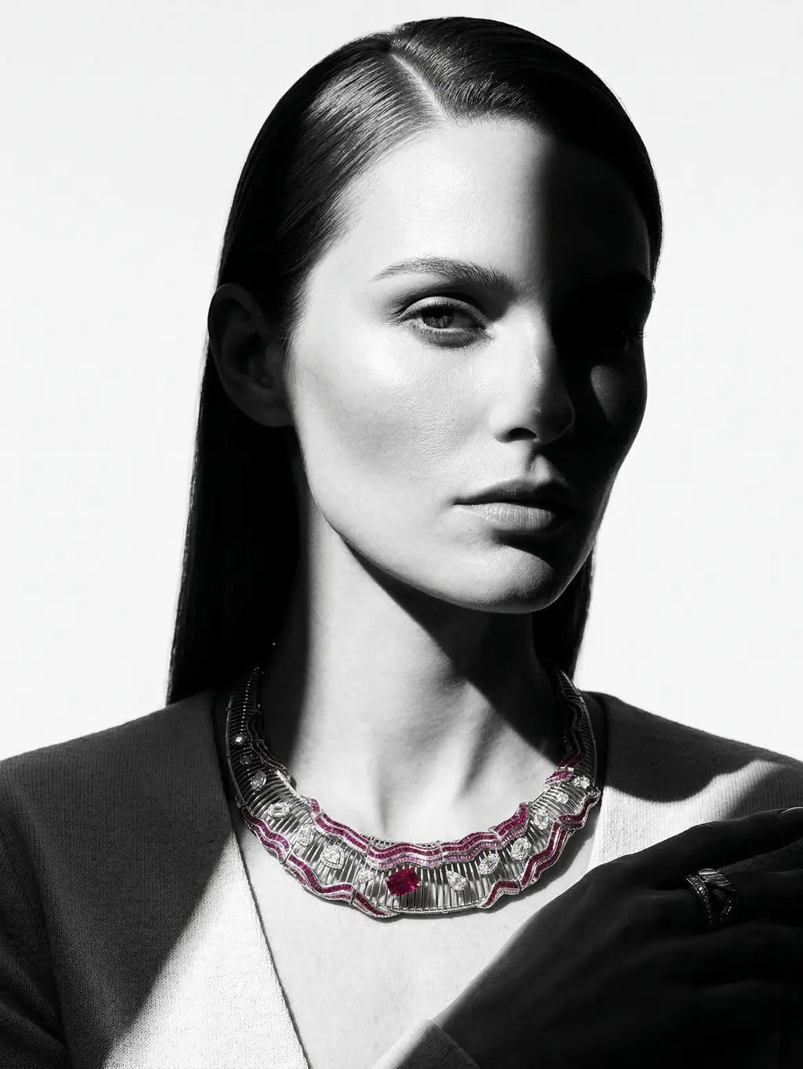 Modern 925 silver statement necklace styled on model wave design