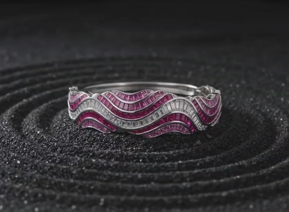 Sculptural silver bracelet  ridged curved form in motion